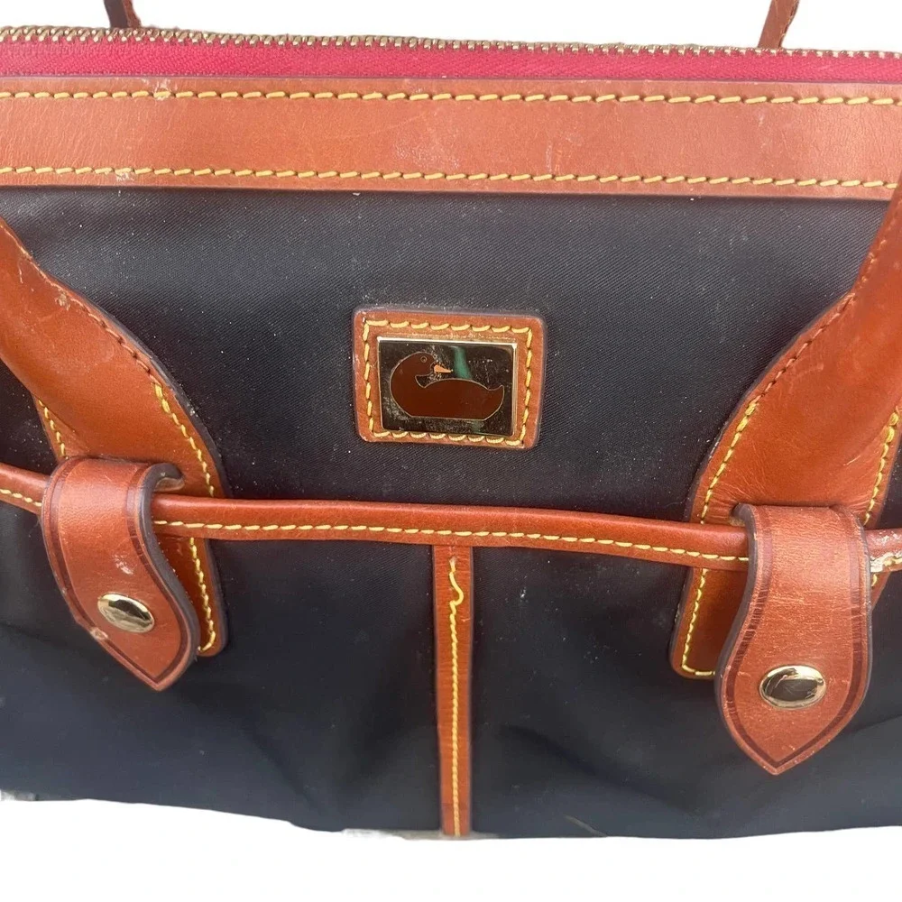 Dooney & Bourke Camden Saffiano Black Nylon Satchel w Brown Leather Trim